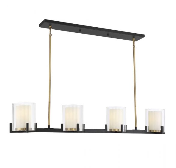 Eaton 4-Light Linear Chandelier in Matte Black with Warm Brass Accents