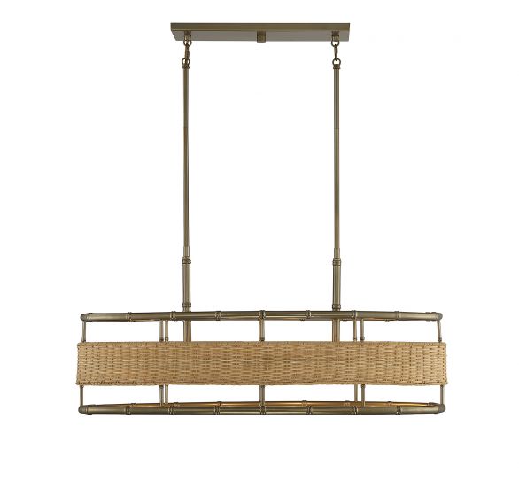 Arcadia 4-Light Linear Chandelier in Burnished Brass with Natural Rattan