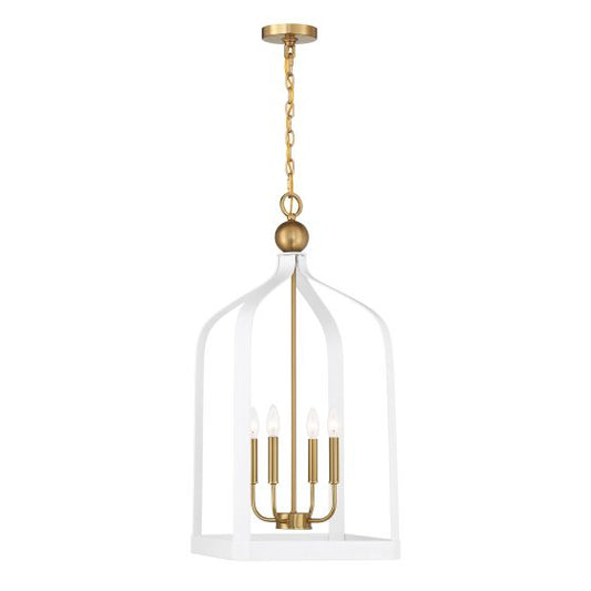 Sheffield 4-Light Pendant in White with Warm Brass Accents