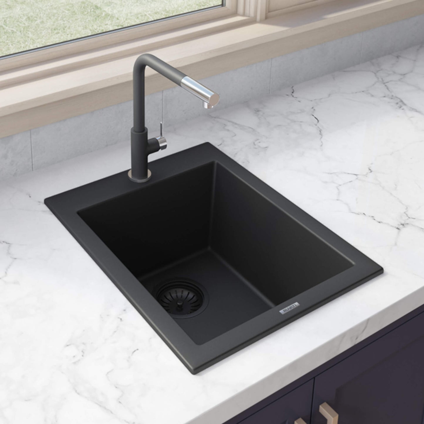 Ruvati 16 x 20 inch epiGranite Drop-in Topmount Granite Composite Single Bowl Kitchen Sink - Midnight Black - RVG1016BK