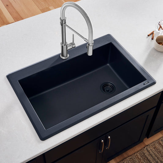 Ruvati 33 x 22 inch epiGranite Drop-in Topmount Granite Composite Single Bowl Kitchen Sink - Midnight Black - RVG1033BK