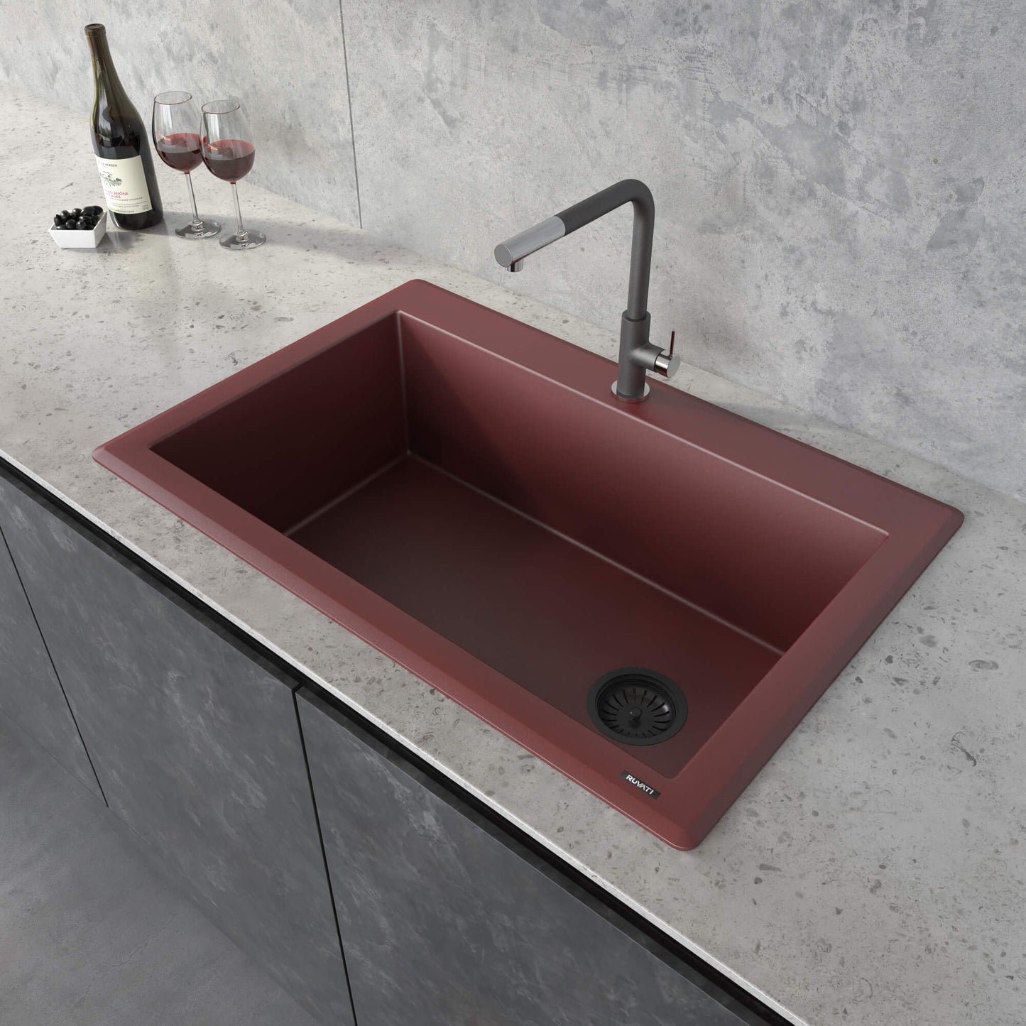 Ruvati 33 x 22 inch Granite Composite Drop-in Topmount Single Bowl Kitchen Sink - Carnelian Red - RVG1033RD