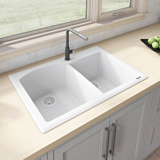 Ruvati 33 x 22 inch epiGranite Dual-Mount Granite Composite Double Bowl Kitchen Sink - Arctic White - RVG1344WH