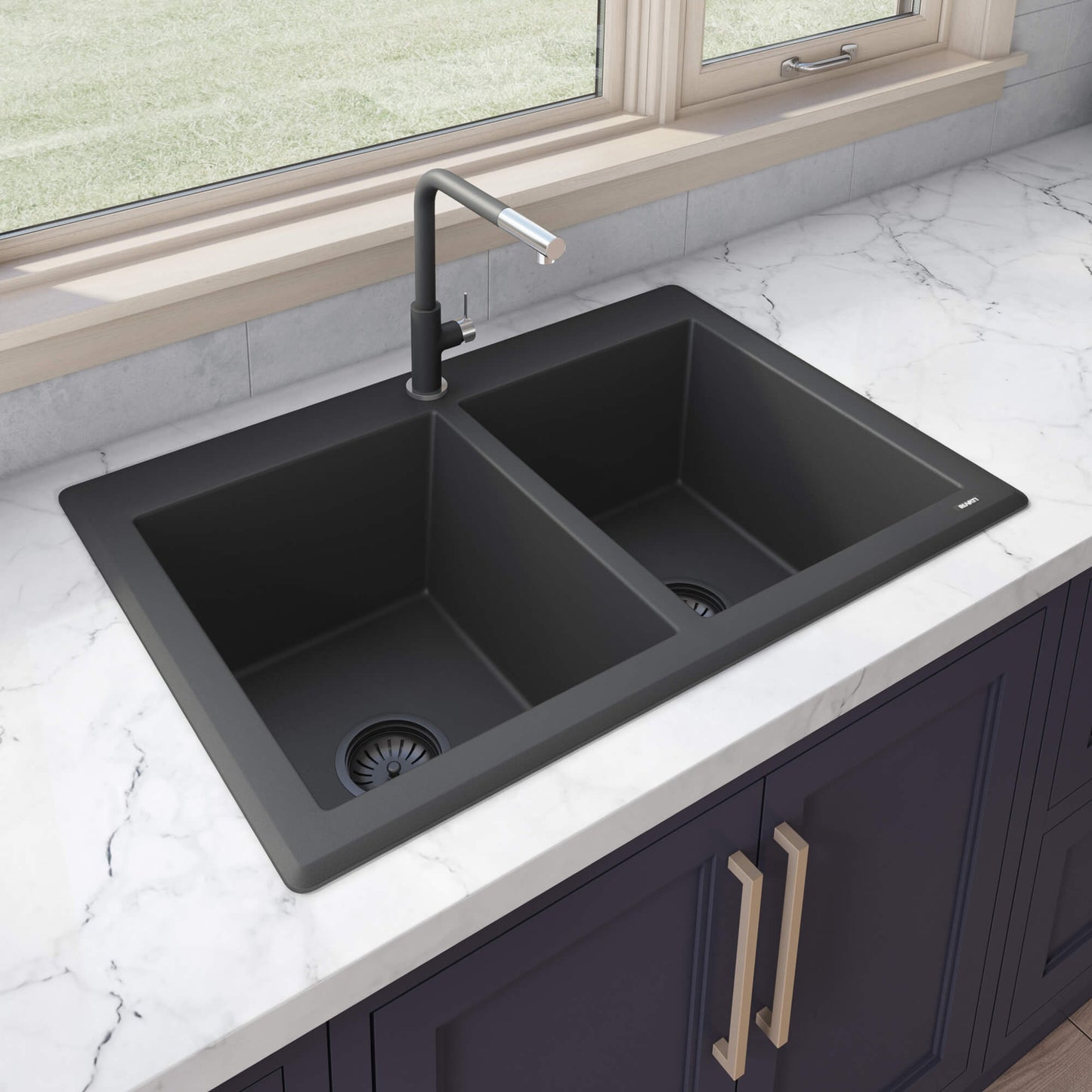 Ruvati 33 x 22 inch epiGranite Dual-Mount Granite Composite Double Bowl Kitchen Sink - Midnight Black - RVG1388BK