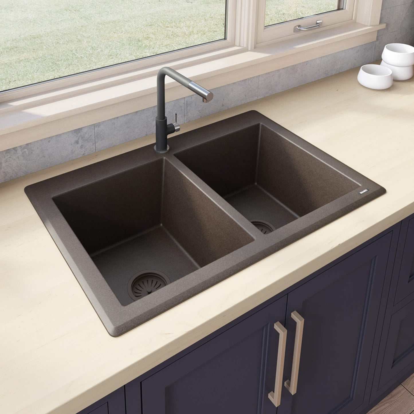 Ruvati 33 x 22 inch epiGranite Dual-Mount Granite Composite Double Bowl Kitchen Sink - Espresso Brown - RVG1388ES