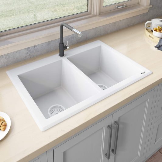 Ruvati 33 x 22 inch epiGranite Dual-Mount Granite Composite Double Bowl Kitchen Sink - Arctic White - RVG1388WH