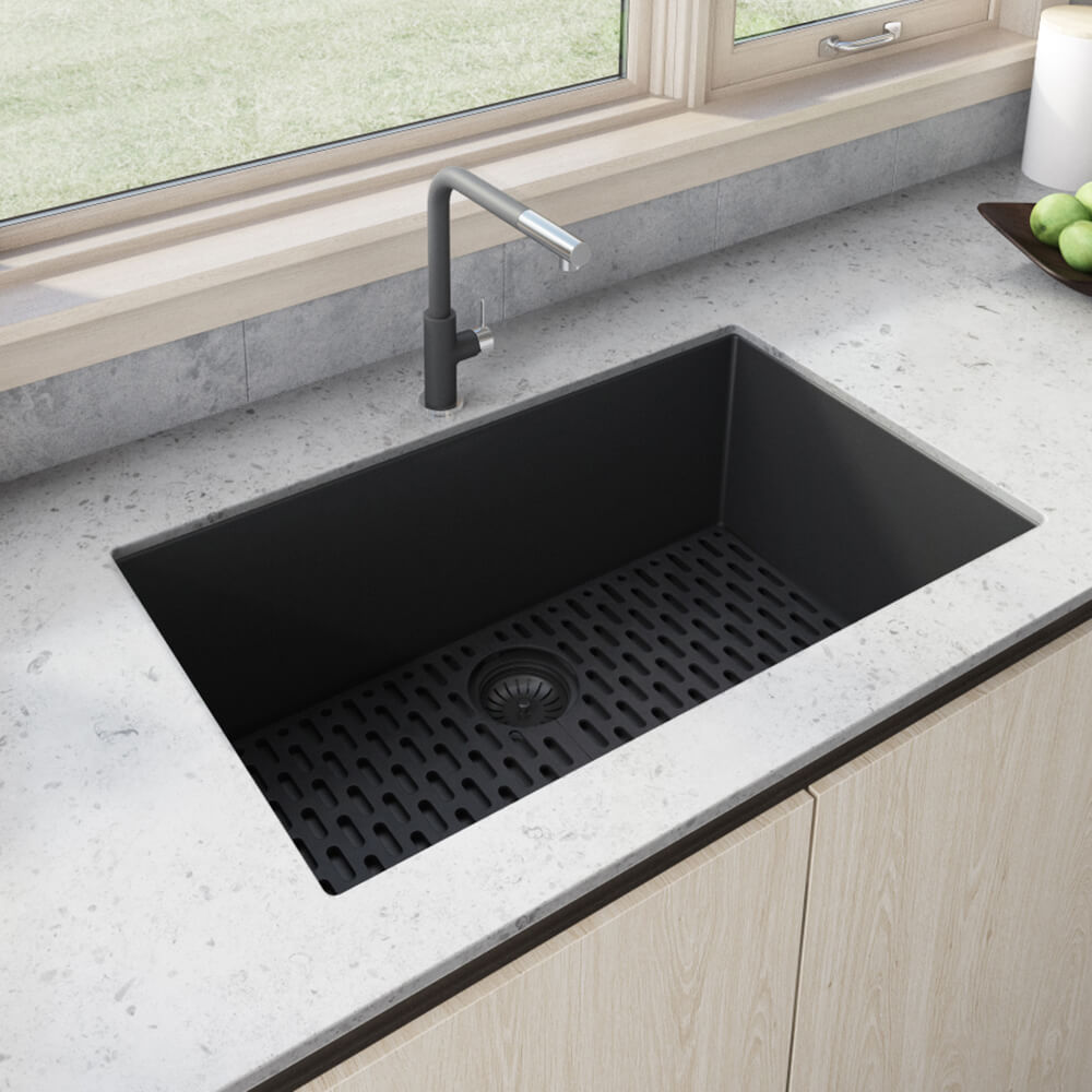 Ruvati 30 x 18 inch Granite Composite Undermount Single Bowl Kitchen Sink - Midnight Black - RVG2030BK