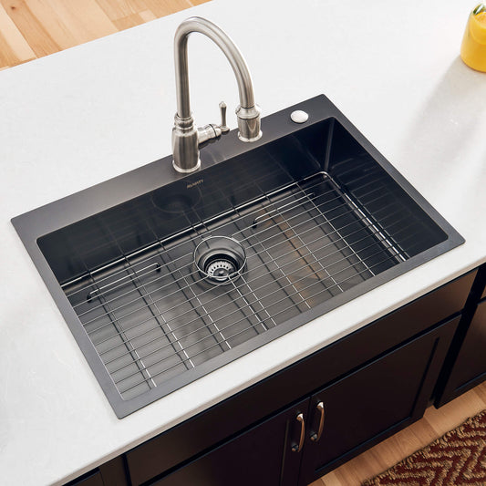 Ruvati 33 x 22 inch Gunmetal Black Stainless Steel Drop-in Topmount Kitchen Sink 16 Gauge Single Bowl - RVH5005BL