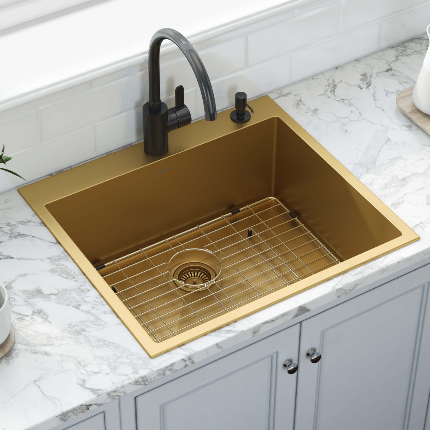 Ruvati 25 inch Polished Brass Matte Gold Drop-in Topmount Kitchen Sink Single Bowl - RVH5007GG