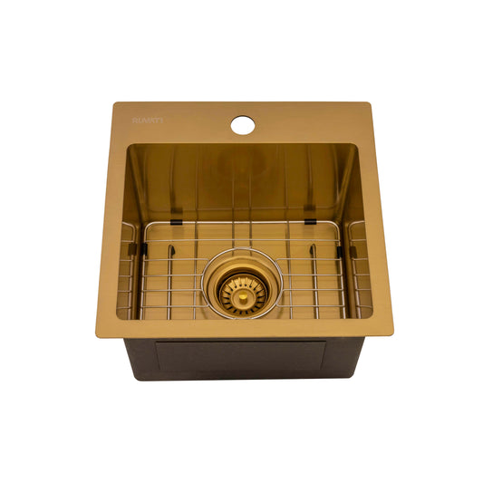 Ruvati 15 inch Polished Brass Matte Gold Stainless Steel Drop-in Topmount Bar Prep Sink Single Bowl - RVH8115GG