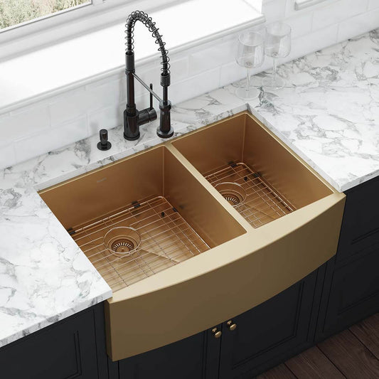 Ruvati 33-inch Satin Brass Matte Gold Stainless Steel 60/40 Double Bowl Apron-Front Farmhouse Kitchen Sink - RVH9742GG