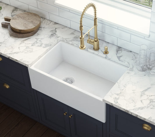 Ruvati 30-inch Fireclay Farmhouse Offset Drain Kitchen Sink Single Bowl White - Left Drain - RVL2018WL