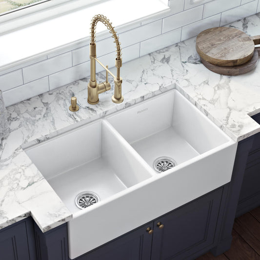 Ruvati 33 x 18 inch Fireclay Farmhouse Apron-Front Kitchen Sink Double Bowl - White - RVL2311WH