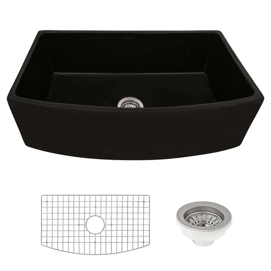 Ruvati 33 inch Fireclay Black Farmhouse Kitchen Sink Bow Front Curved Apron Single Bowl - RVL2398BK