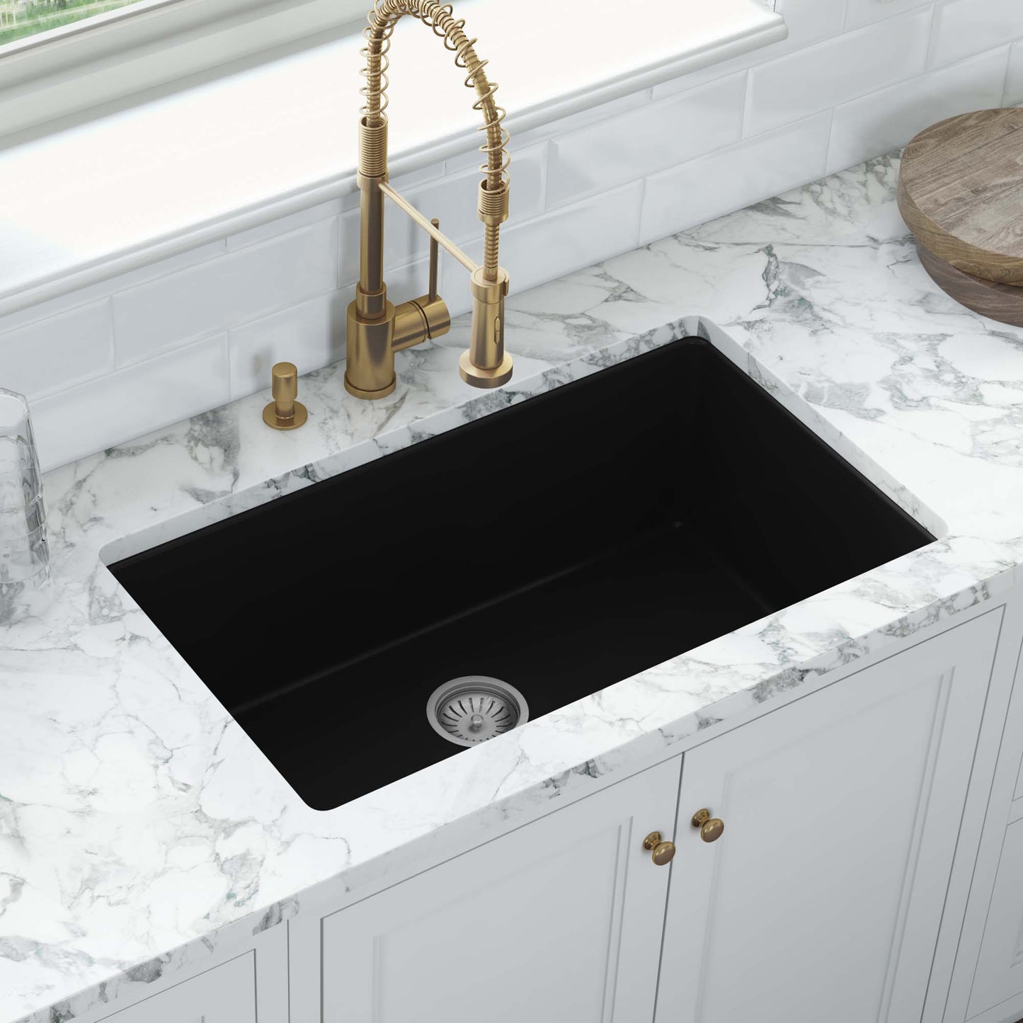 Ruvati 30-inch Fireclay Undermount / Drop-in Topmount Kitchen Sink Single Bowl - Glossy Black - RVL3030BK