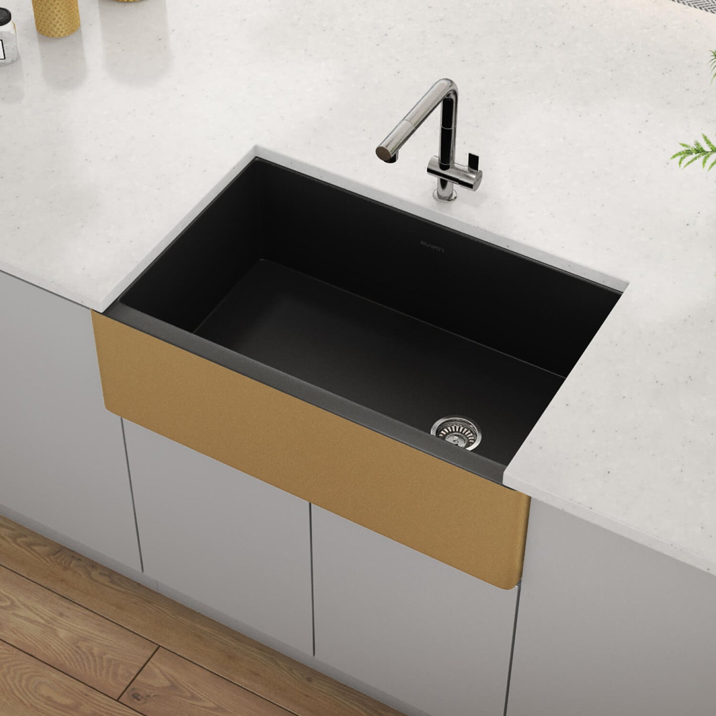 Ruvati 30-inch Matte Black and Brushed Gold Fireclay Modern Farmhouse Kitchen Sink Single Bowl - RVL4018GRG