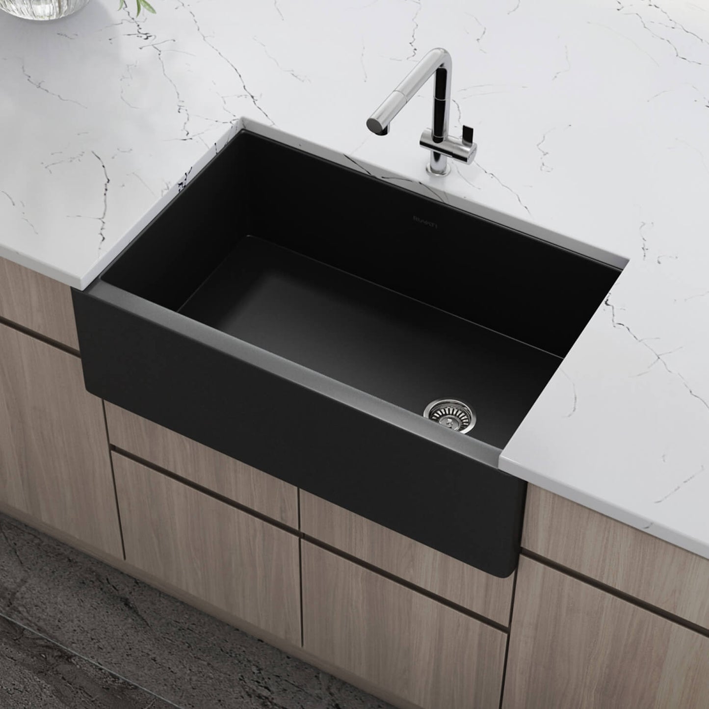 Ruvati 30-inch Matte Black Fireclay Modern Farmhouse Offset Drain Kitchen Sink Single Bowl - RVL4018MBK