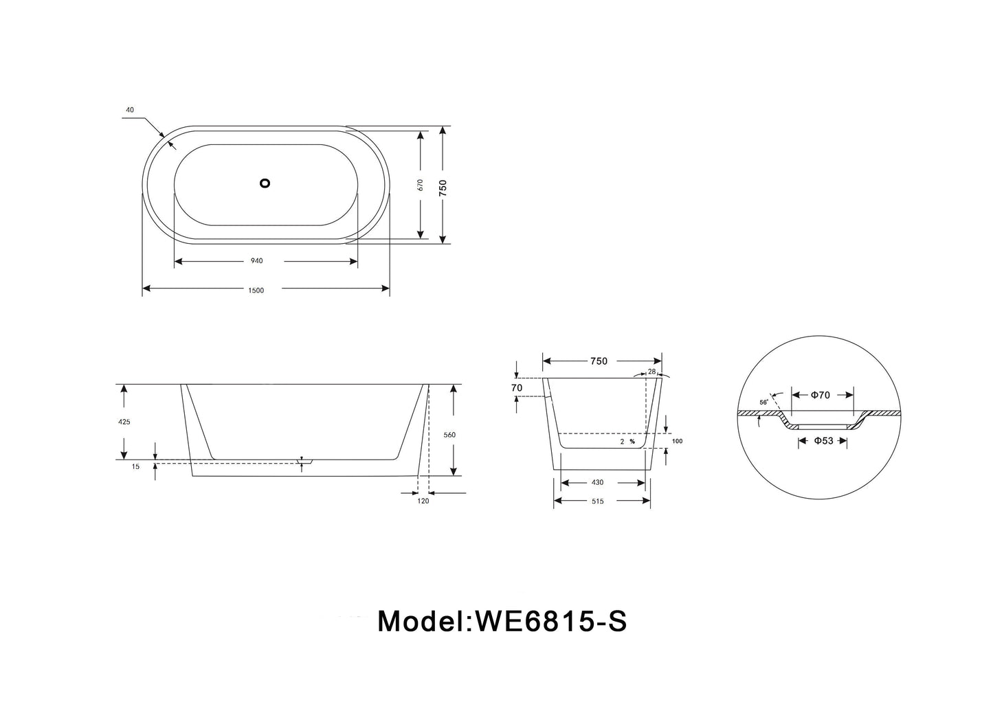 Legion Furniture WE6815-S 59" Acrylic Tub