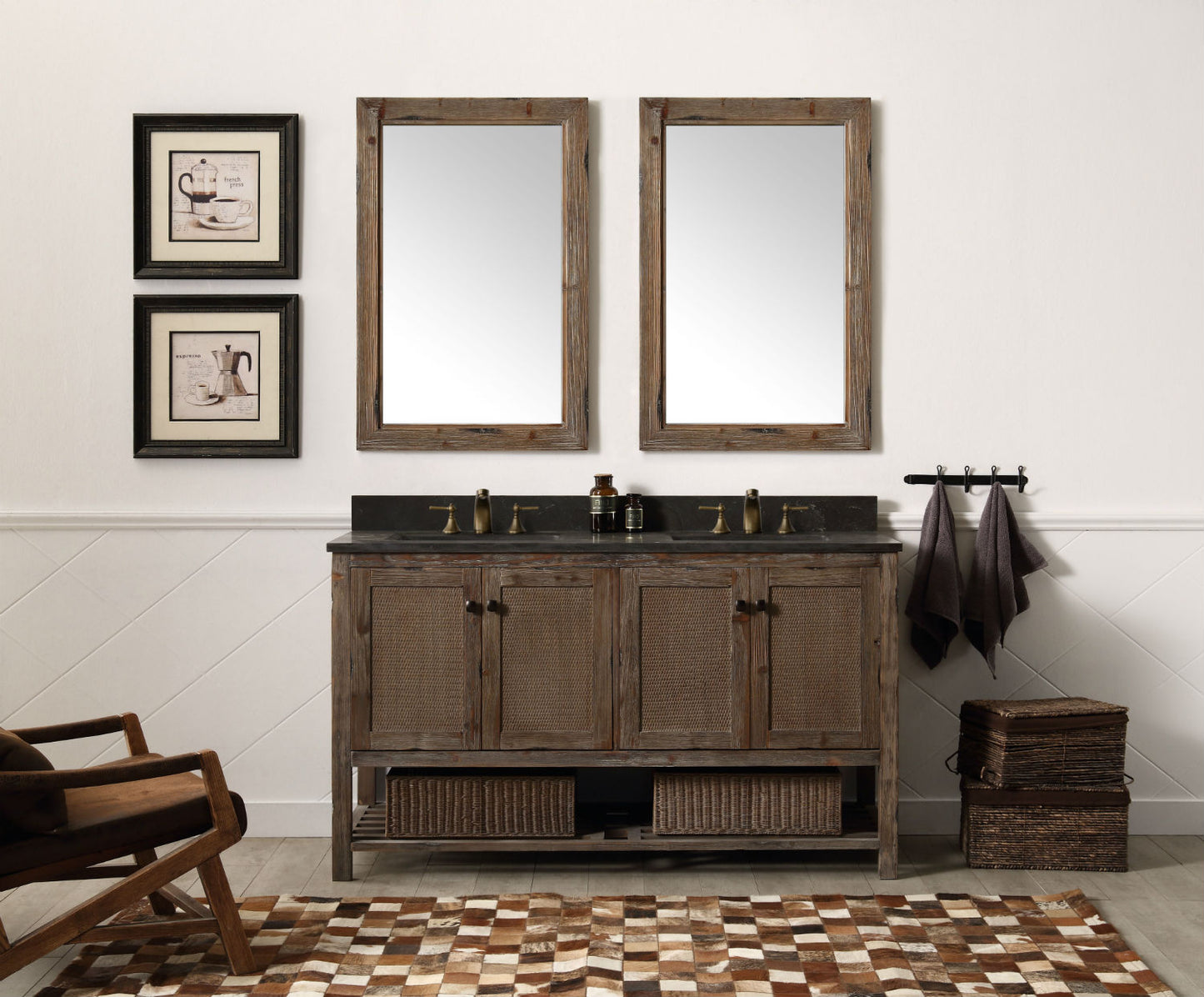 60" Rustic Rattan Dual Sink Bathroom Vanity in Brown Finish with Natural Moon Stone Top