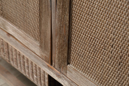 60" Rustic Rattan Dual Sink Bathroom Vanity in Brown Finish with Natural Moon Stone Top