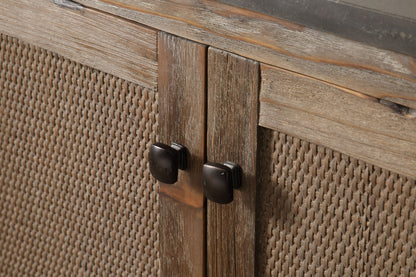 60" Rustic Rattan Dual Sink Bathroom Vanity in Brown Finish with Natural Moon Stone Top