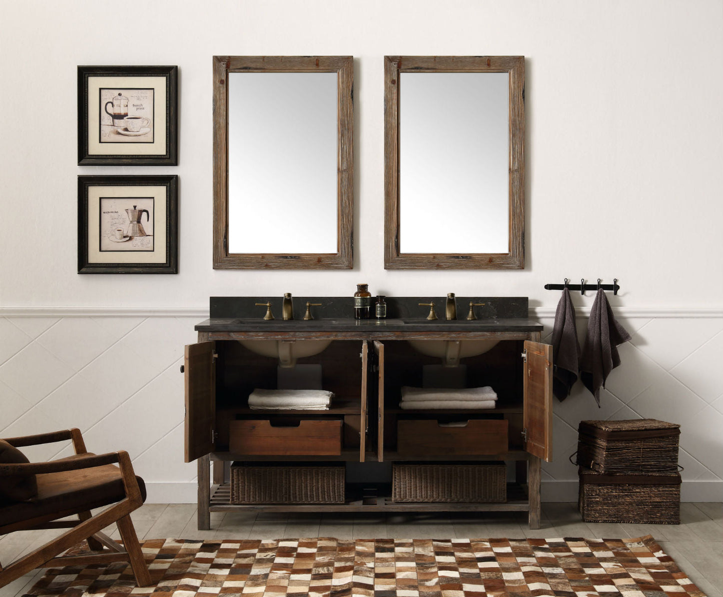 60" Rustic Rattan Dual Sink Bathroom Vanity in Brown Finish with Natural Moon Stone Top