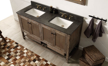 60" Rustic Rattan Dual Sink Bathroom Vanity in Brown Finish with Natural Moon Stone Top