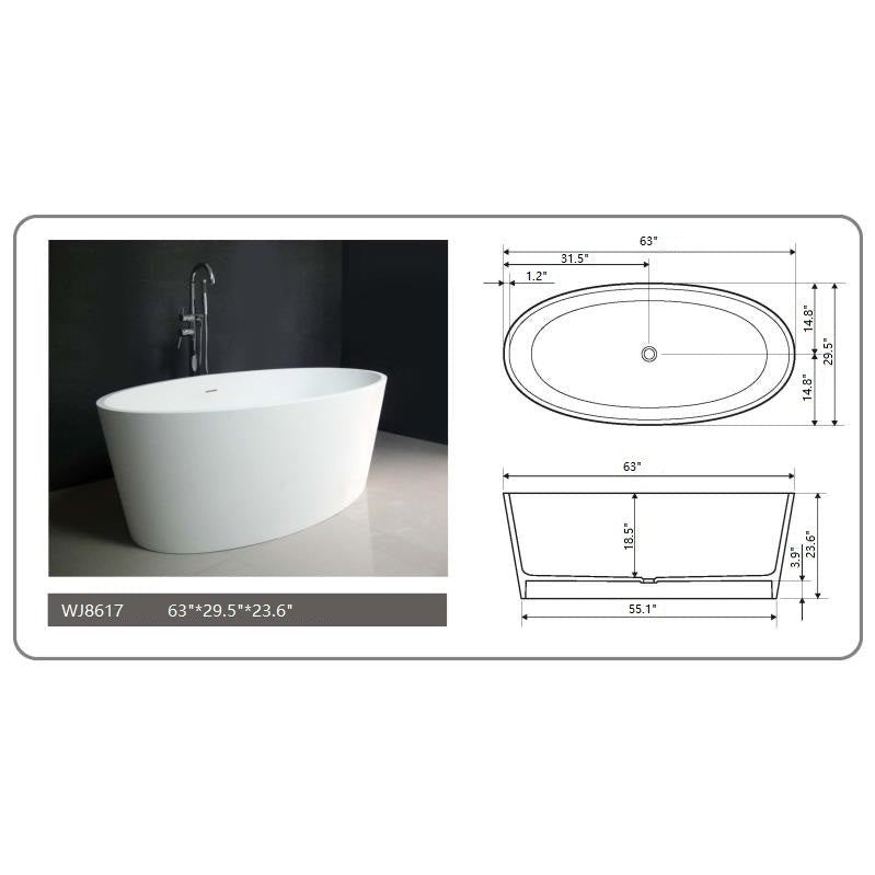 Legion Furniture 63" White Matt Solid Surface Tub - No Faucet WJ8617-W