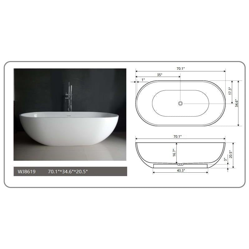 Legion Furniture 70.1" White Matt Solid Surface Tub - No Faucet WJ8619-W