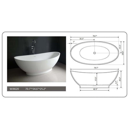 Legion Furniture 70.7" White Matt Solid Surface Tub - No Faucet WJ8620-W