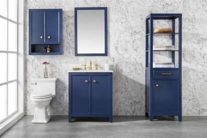 30" Bainbridge Vanity with Single Sink and Carrara Marble Top in Blue Finish