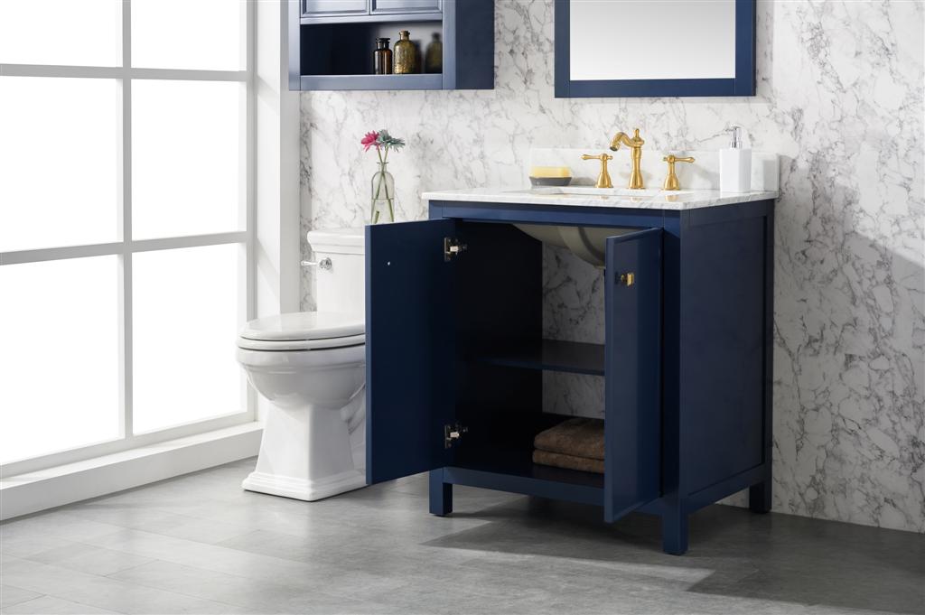 30" Bainbridge Vanity with Single Sink and Carrara Marble Top in Blue Finish