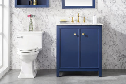 30" Bainbridge Vanity with Single Sink and Carrara Marble Top in Blue Finish