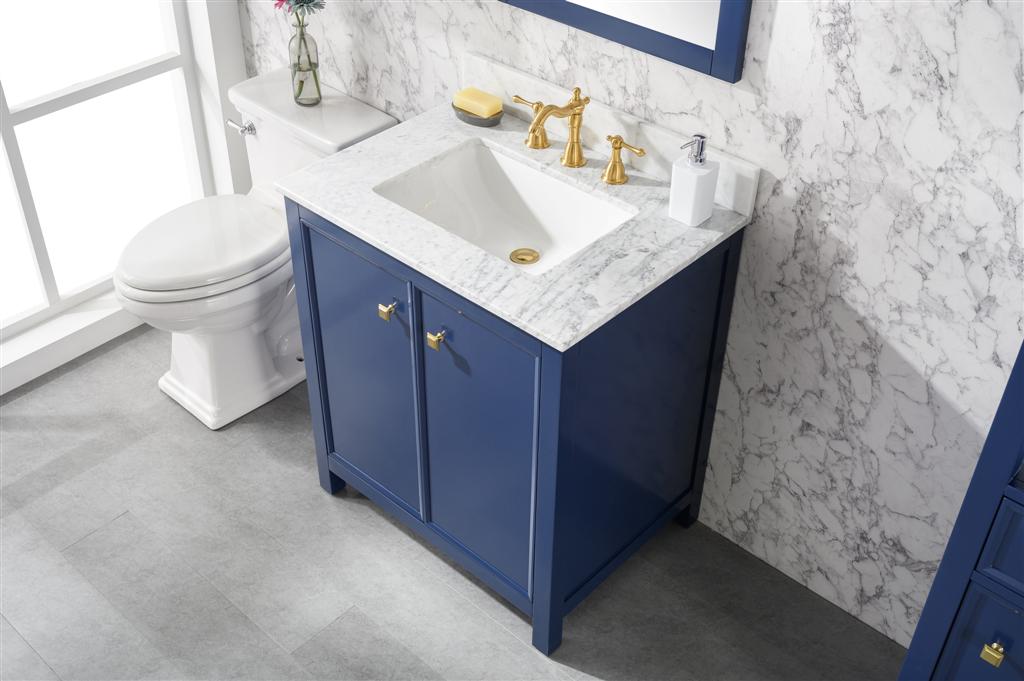 30" Bainbridge Vanity with Single Sink and Carrara Marble Top in Blue Finish