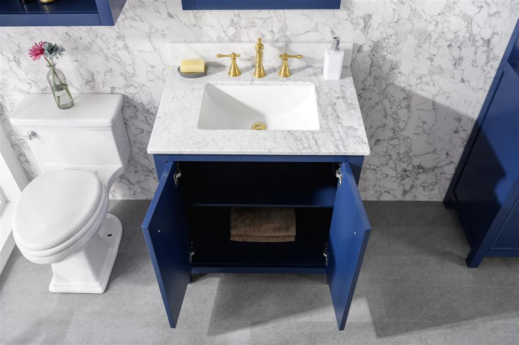 30" Bainbridge Vanity with Single Sink and Carrara Marble Top in Blue Finish