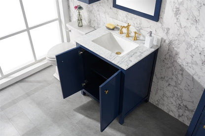 30" Bainbridge Vanity with Single Sink and Carrara Marble Top in Blue Finish