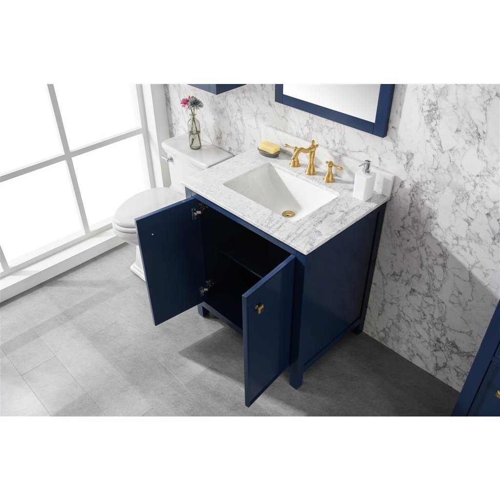 Legion Furniture 30" Blue Finish Sink Vanity Cabinet With Carrara White Top WLF2130-B