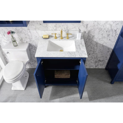 Legion Furniture 30" Blue Finish Sink Vanity Cabinet With Carrara White Top WLF2130-B