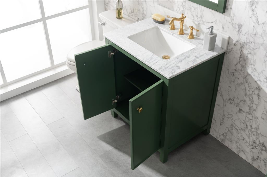 30" Bainbridge Vanity with Single Sink and Carrara Marble Top in Vogue Green Finish