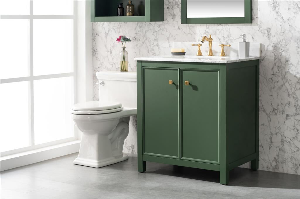 30" Bainbridge Vanity with Single Sink and Carrara Marble Top in Vogue Green Finish