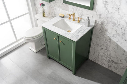 30" Bainbridge Vanity with Single Sink and Carrara Marble Top in Vogue Green Finish