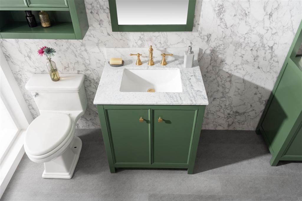 30" Bainbridge Vanity with Single Sink and Carrara Marble Top in Vogue Green Finish