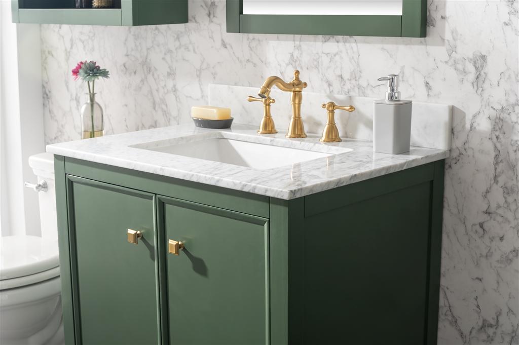 30" Bainbridge Vanity with Single Sink and Carrara Marble Top in Vogue Green Finish