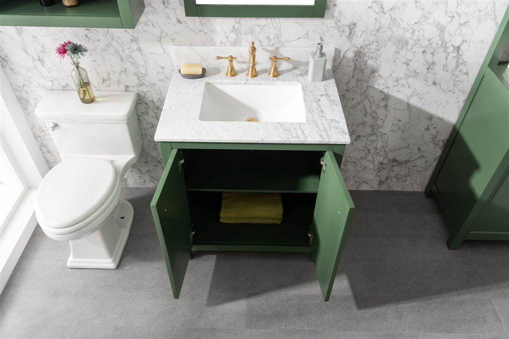 30" Bainbridge Vanity with Single Sink and Carrara Marble Top in Vogue Green Finish