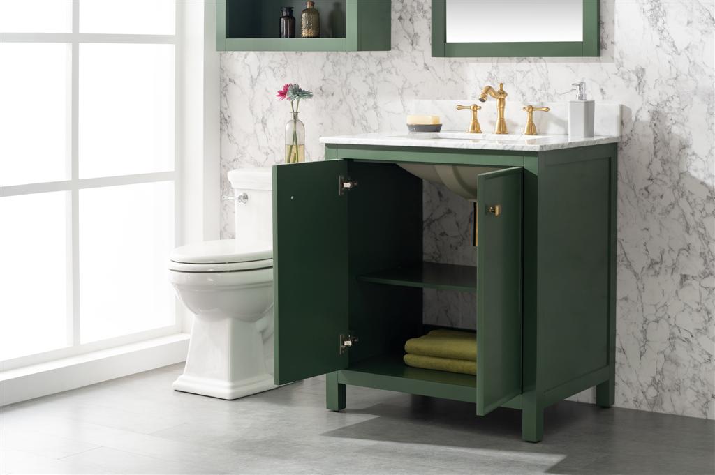 30" Bainbridge Vanity with Single Sink and Carrara Marble Top in Vogue Green Finish