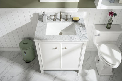 30" Bainbridge Vanity with Single Sink and Carrara Marble Top in White Finish