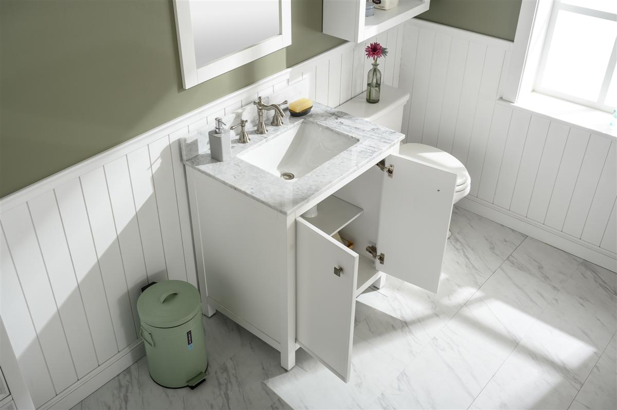 30" Bainbridge Vanity with Single Sink and Carrara Marble Top in White Finish