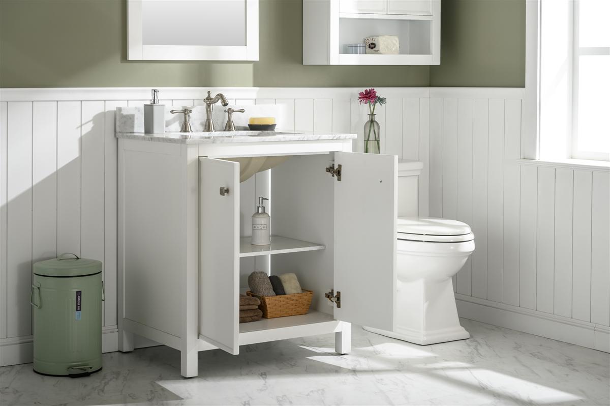 30" Bainbridge Vanity with Single Sink and Carrara Marble Top in White Finish