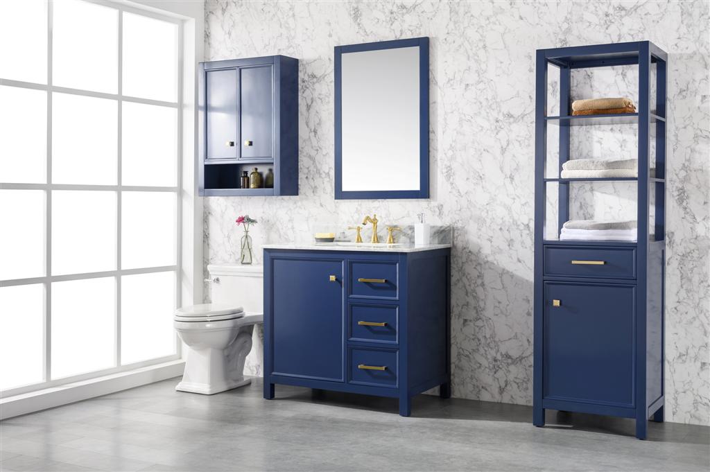 36" Bainbridge Vanity with Single Sink and Carrara Marble Top in Blue Finish