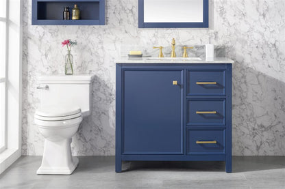 36" Bainbridge Vanity with Single Sink and Carrara Marble Top in Blue Finish